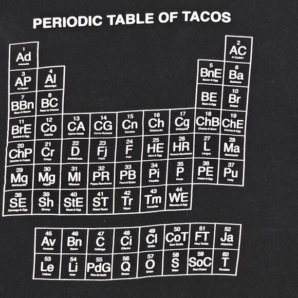 Funny Shirt Periodic Table Of Tacos T-Shirt Mens XL Black-White - Soft Material - Picture 3 of 11